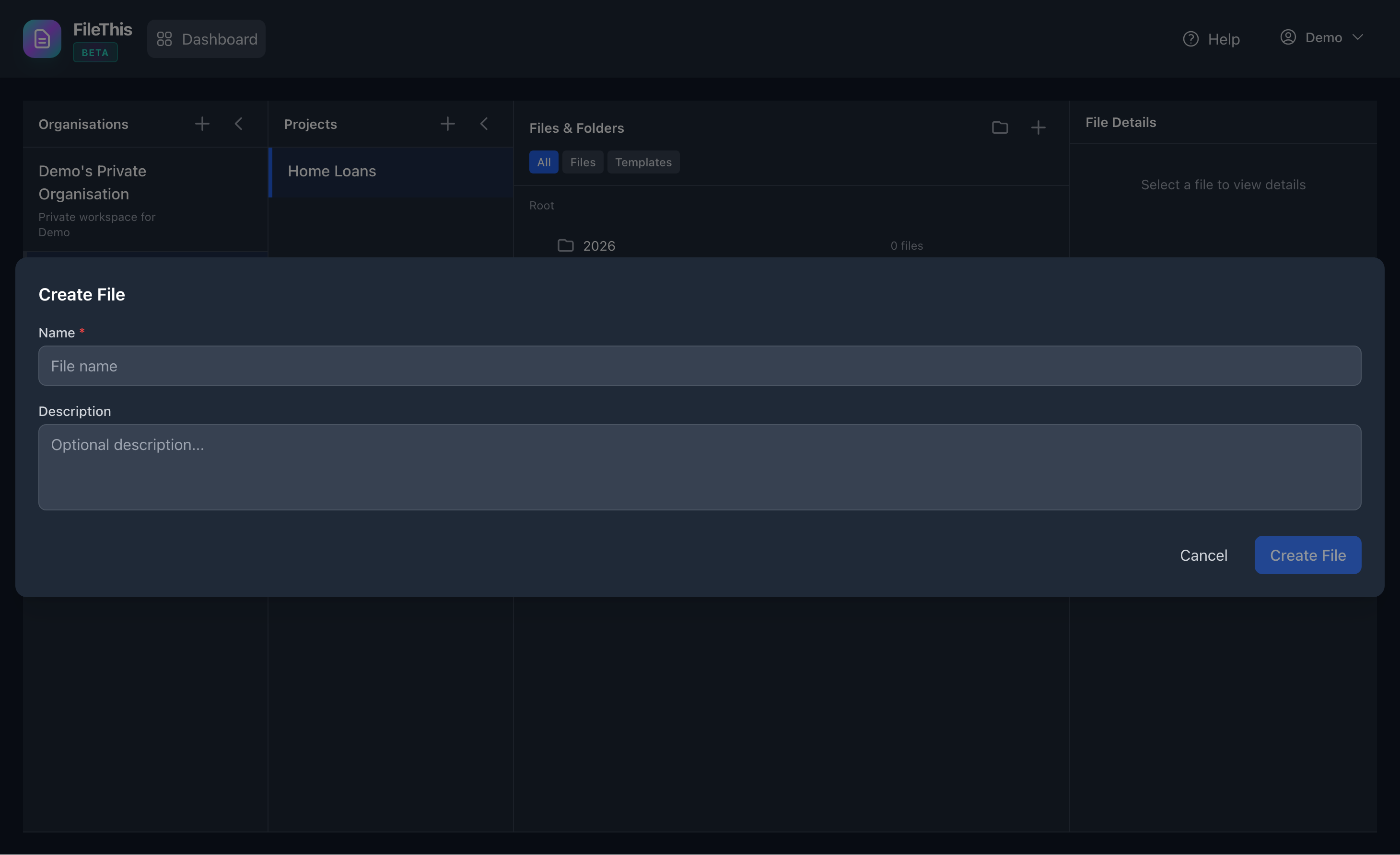 FileThis.io Select Template - Choose a template when creating a new form