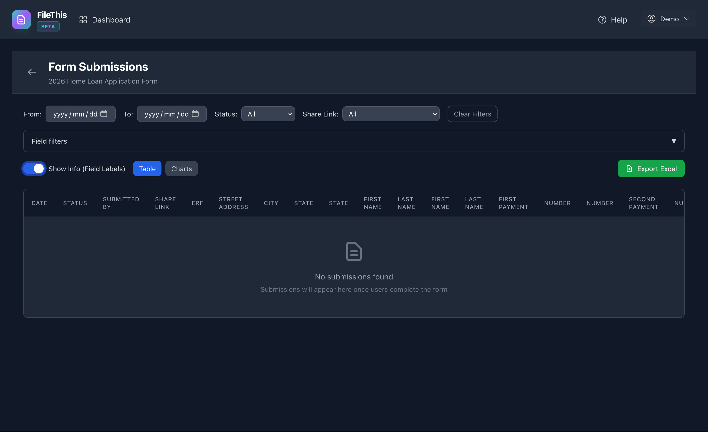 Submission list with field filters and columns - each submission tied to its form version for audit