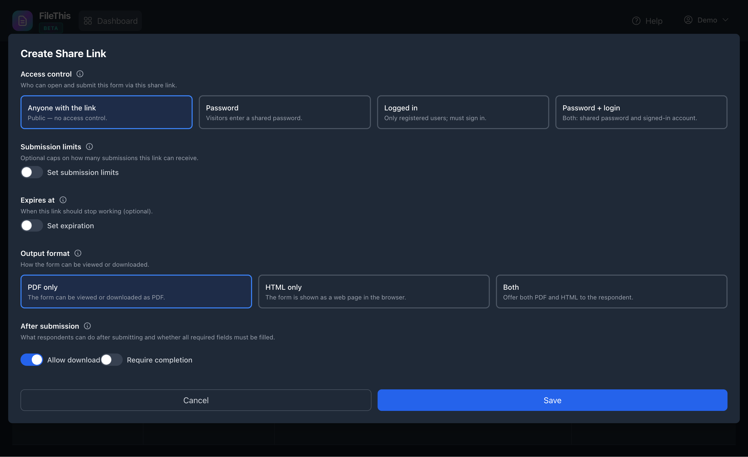 FileThis.io Create Share Link - Set up access control and generate shareable links