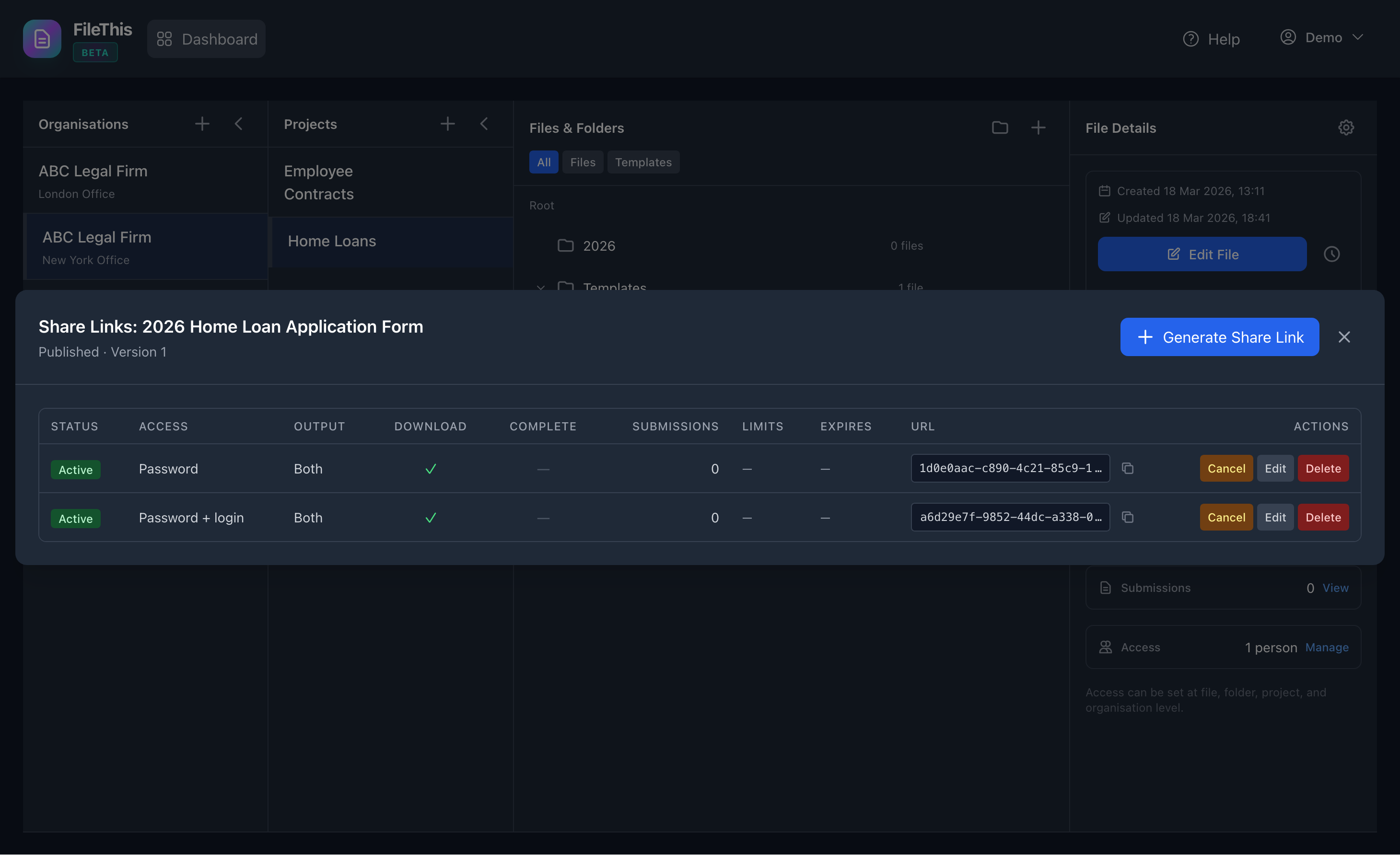 FileThis.io Manage Share Links - View and manage all your form share links
