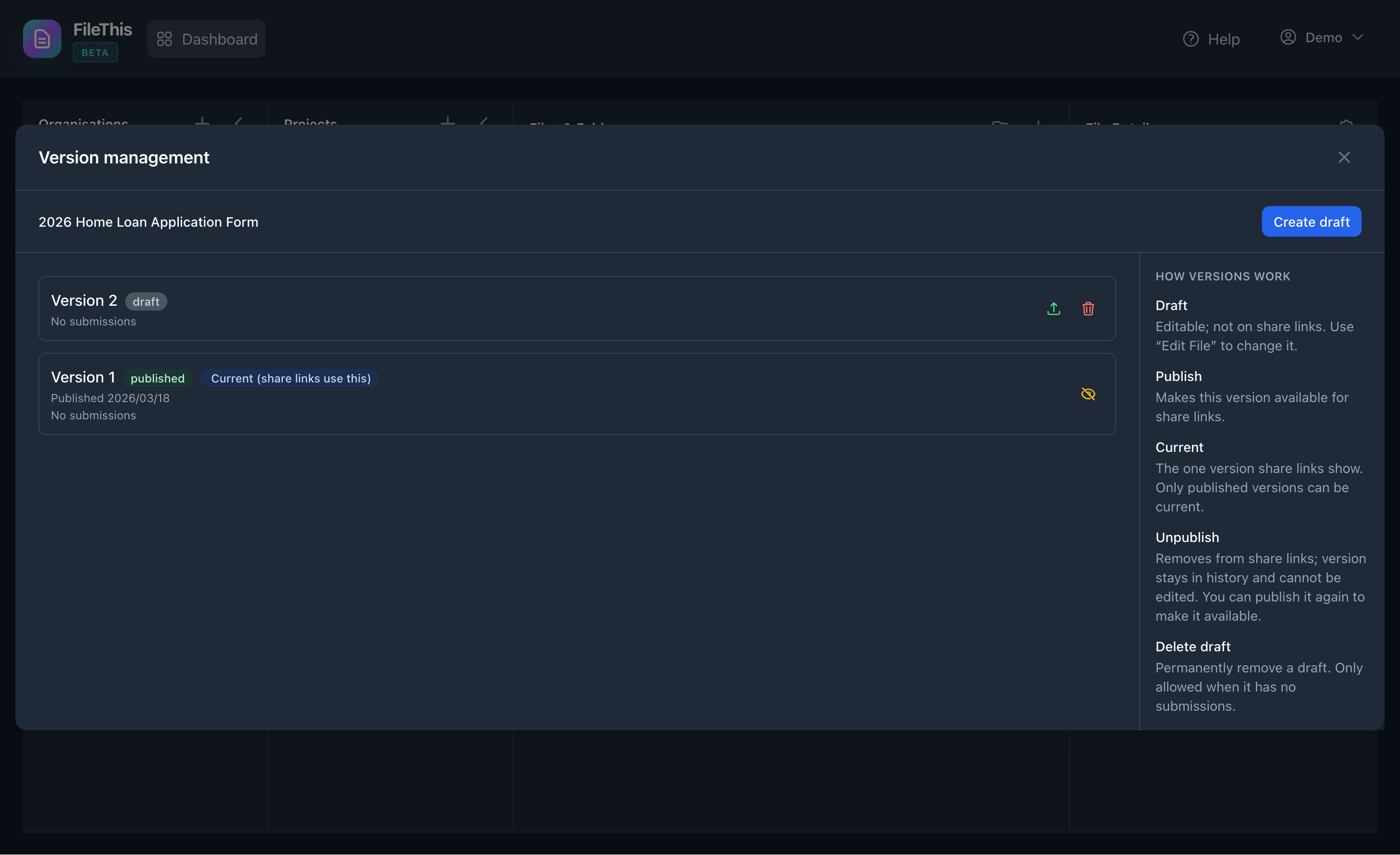 Versioning - draft, publish, and set current version; share links serve only the current published version