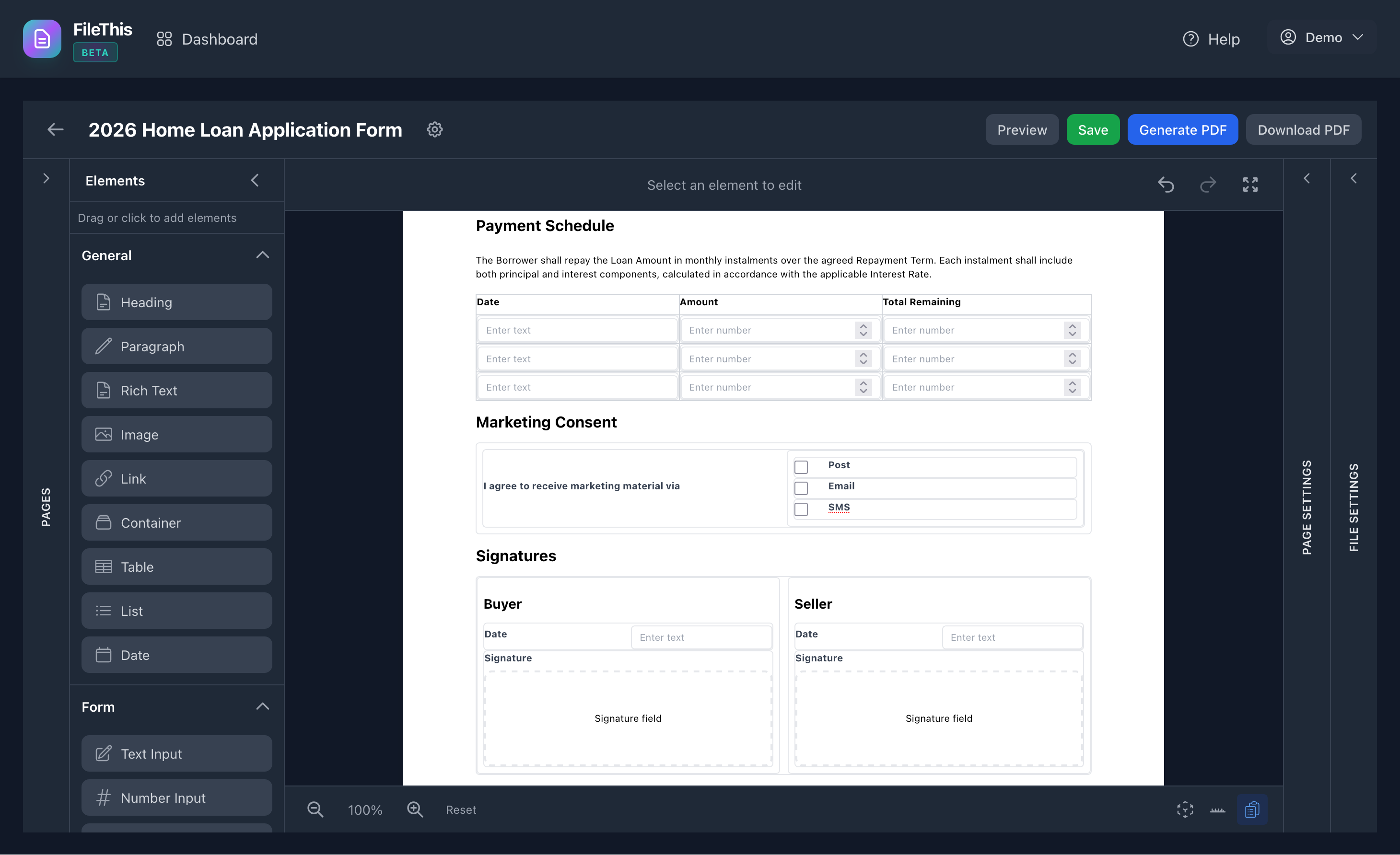 FileThis.io Elements Panel - Drag and drop form elements onto your canvas